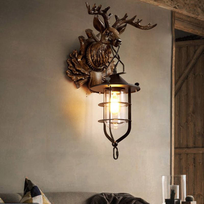 1 lampe murale de wapiti clair country en bois foncé résine applique luminaire pour le salon avec cage