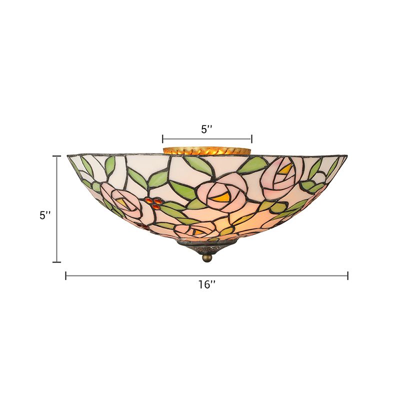 Pink and Green Bowl Flush Light with Rose Vintage Tiffany Stained Glass Flush Ceiling Light