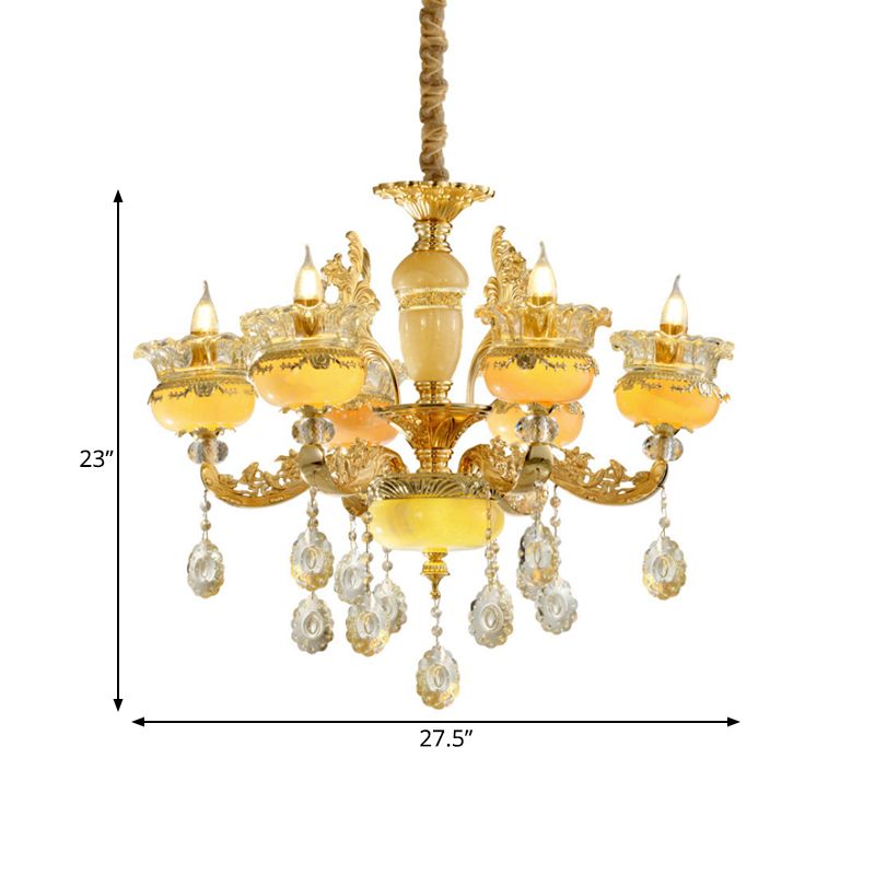 6-Light Chandelier Traditional Dining Hall Ceiling Suspension Lamp with Vase Mable Shade and Crystal Drape