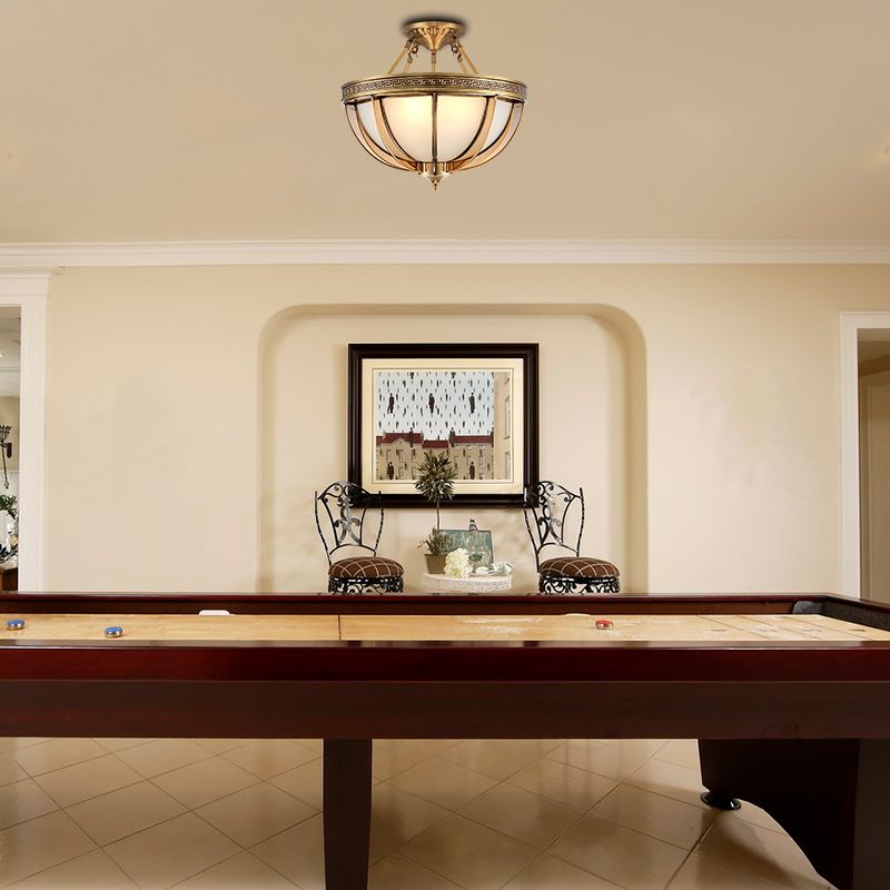 16.5"/20.5" W Ivory Glass Bowl Ceiling Lighting Colonial 3/4 Heads Living Room Semi Flush Mount Light Fixture in Brass
