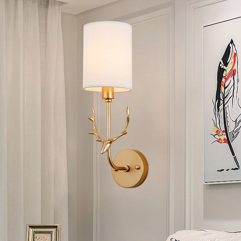 Cylinder Living Room Wall Lighting Countryside Fabric Shade 1 Head Black/Brass Sconce Lamp Fixture