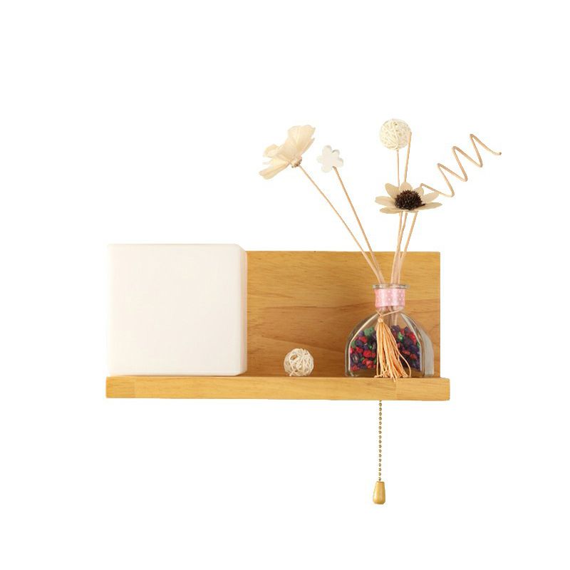 Milk Glass Cube Wall Sconce Lighting Nordic 1-Bulb Wood Shelf Wall Light with Pull Chain