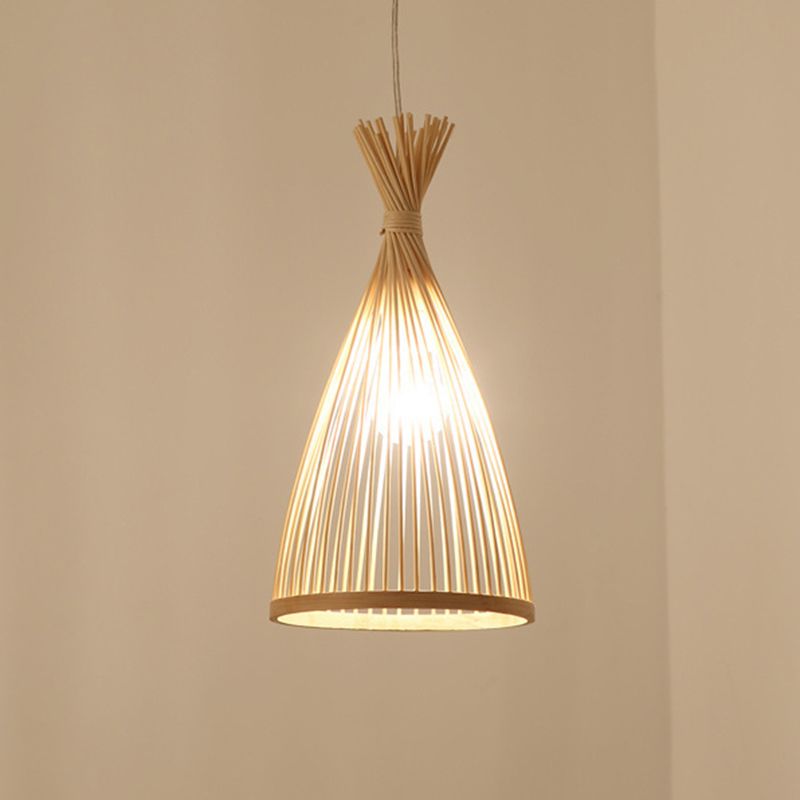 Conical Pendant Lighting Fixture Contemporary Style Bamboo Beige Hanging Ceiling Light