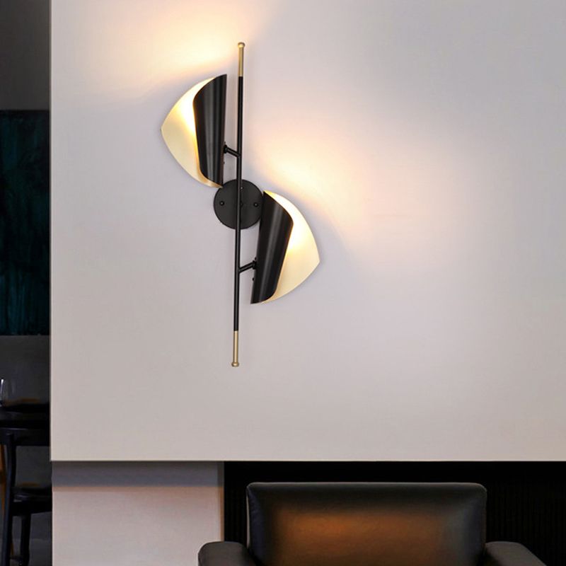Iron Ribbed Curved Sheet Sconce Postmodern 2 Heads Black and Gold Inner Wall Mount Lighting for Stair