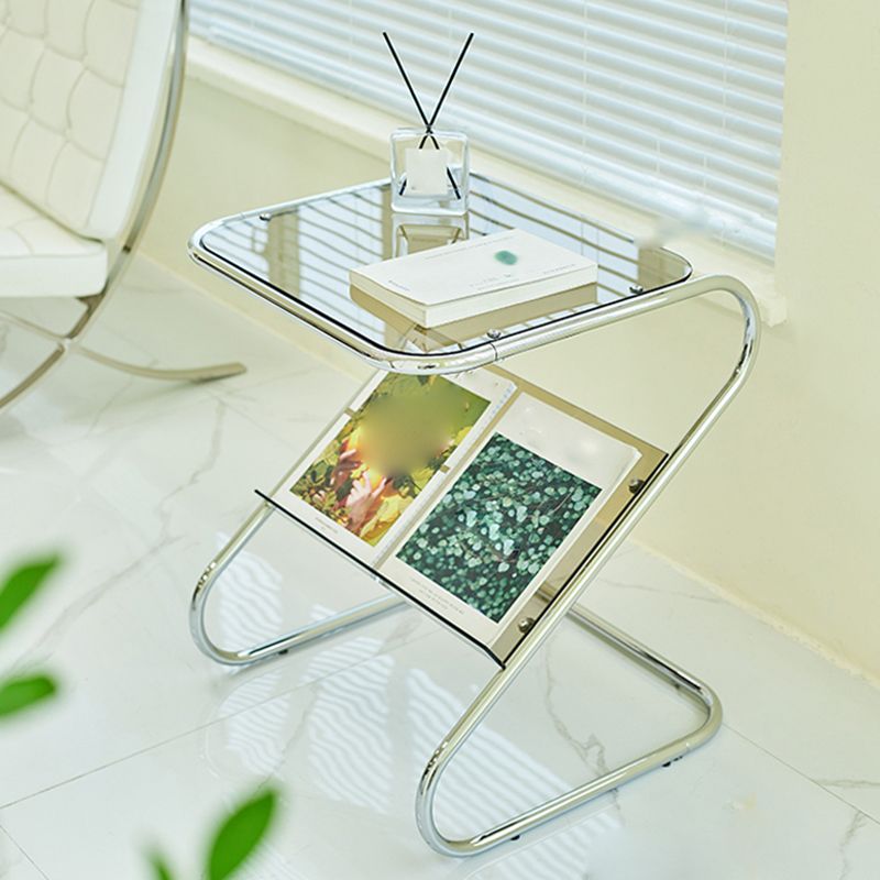 Modern Glass Top Side Table Metal Abstract Base End Table with Magazine Holder