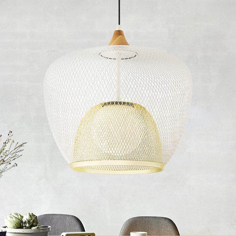 Contemporary 1 Bulb Pendant Lighting with Iron Mesh Shade White/Blue Woven Basket Hanging Ceiling Lamp