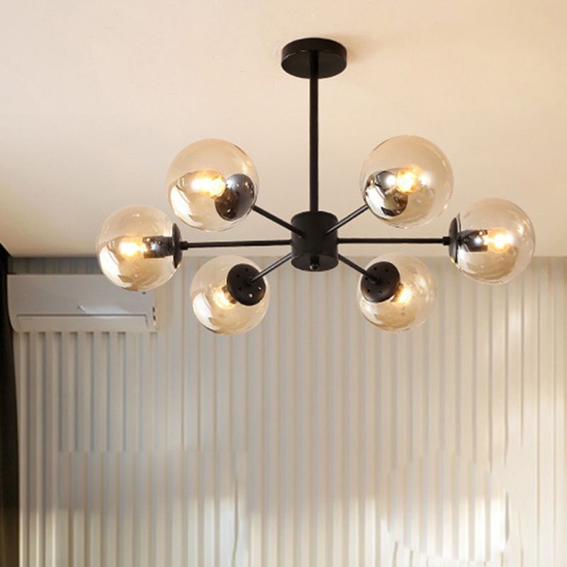 Amber/Blue/Clear Glass Spherical Chandelier Light Post Modern 6/8/10 Lights Black Pendant Lamp for Bedroom