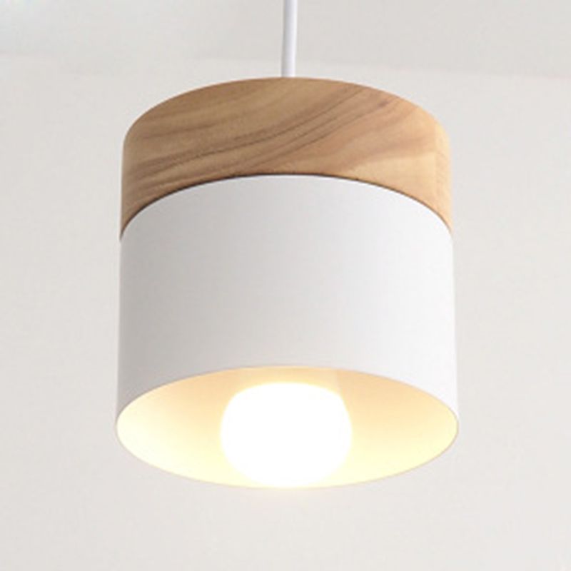 Indoor Macaroon Cylinder Pendant Light Wooden Mini Ceiling Lamp in Metal Shade