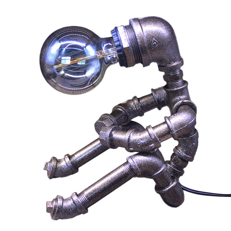 Metallic Silver Table Lighting Robot Pipe 1-Bulb Industrial Nightstand Light with Exposed Bulb Design