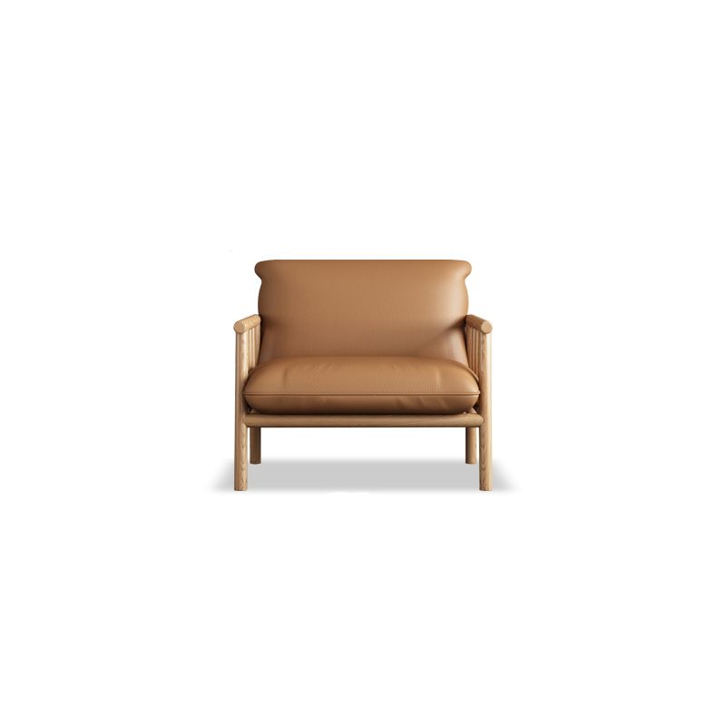 Stationary Leather Living Room Sofa Tuxedo Arm Settee in White/Brown