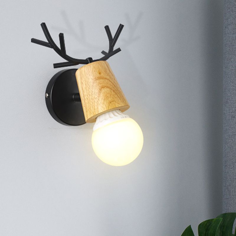 Nordic Shadeless Rotatable Wall Lamp Wood 1 Head Bedroom Sconce Lighting in Black/White with Antler Top