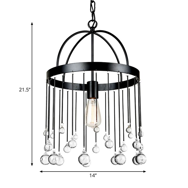 Lámpara de suspensión de estilo industrial de colgante colgante de anillo de 1 luces con bola de cristal deco en negro