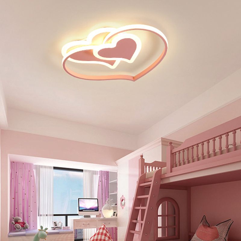 Heart Shaped Ceiling Flush Light Nordic Aluminum Girls Room Flush Mount Fixture in Pink