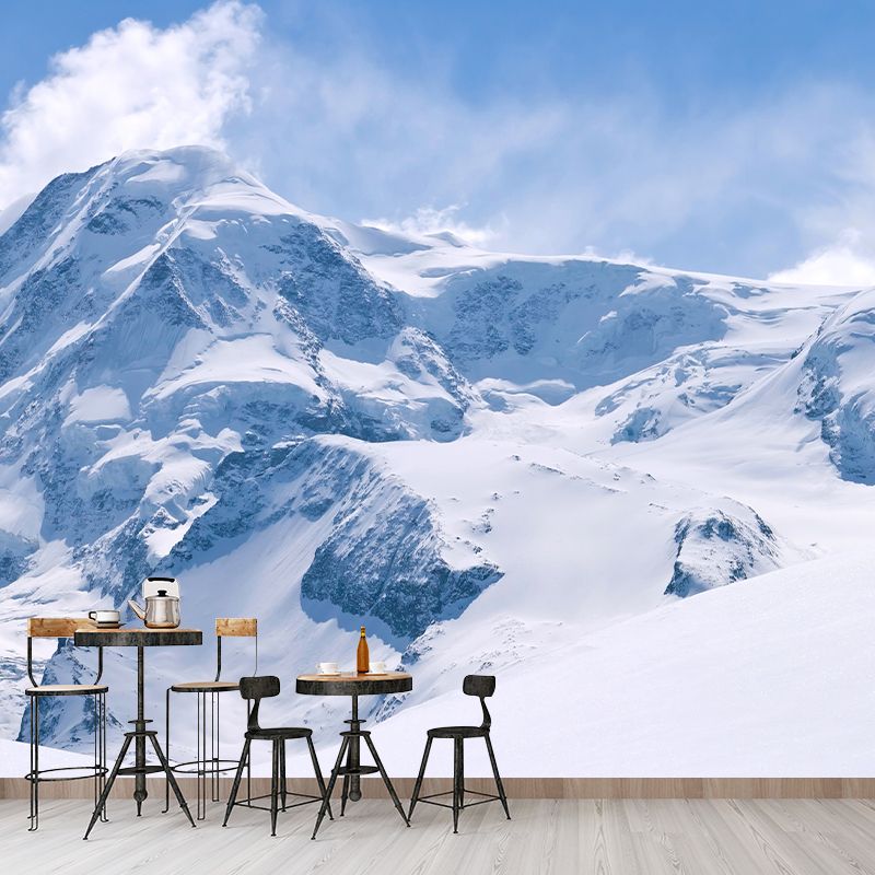 Big Snowy Field Wall Murals for Living Room Mountain Wall Decor in Blue-White, Moisture Resistant