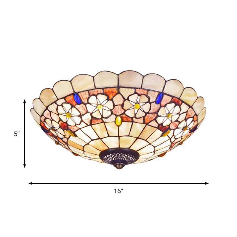 12"/21" Dia 3/4-Light Flush Mount Lamp Tiffany Bowl Shell Ceiling Fixture with Blossom Pattern in Beige