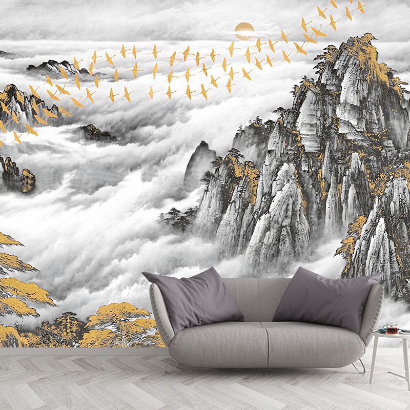 Full Size Traditional Wall Decor Gold and Grey Mountain and Bird Mural Wallpaper, Custom-Printed