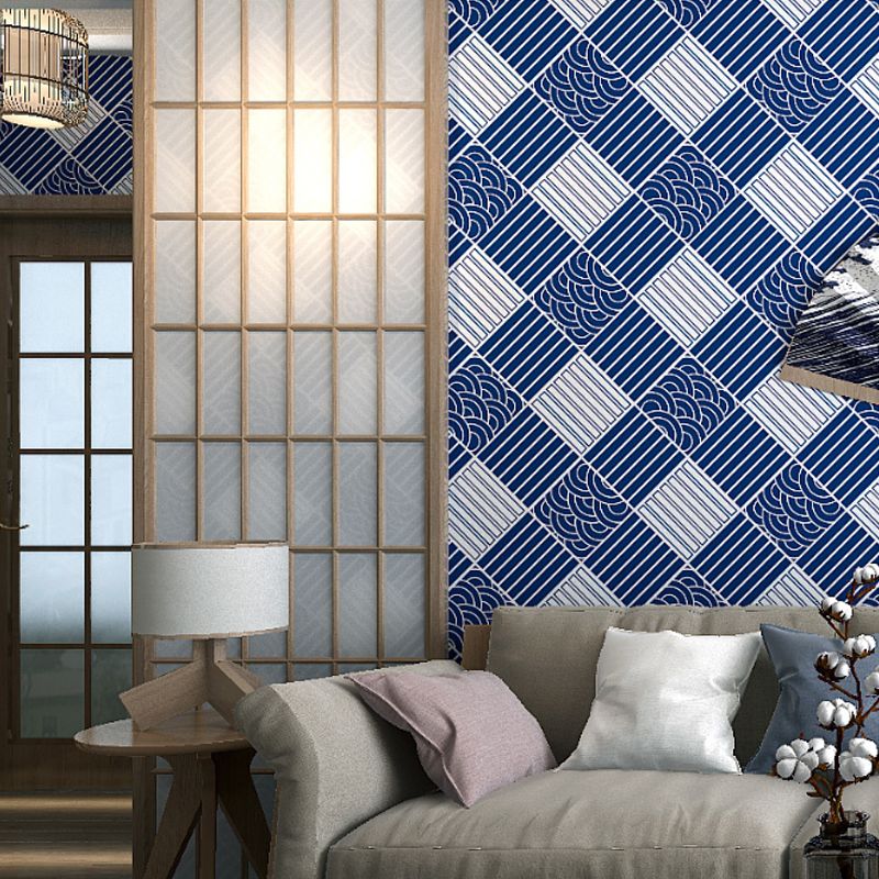 Japanese Ukiyoe Wallpaper Square and Stripes Non-Pasted Wall Covering, 31 ft. x 20.5 in, Blue and White