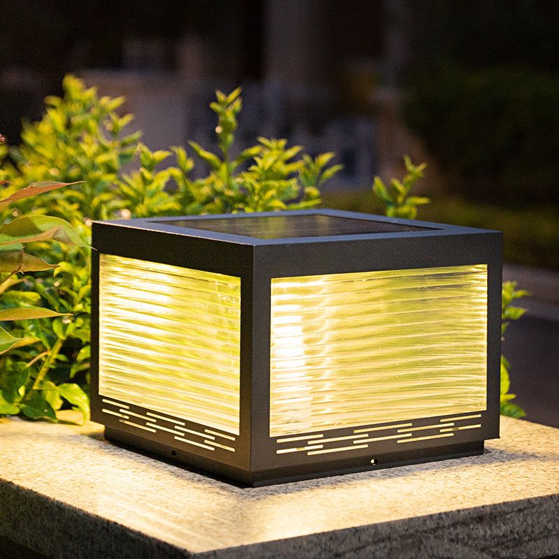 Square Shape Metal Outdoor Light Modern Style 1-Light Solar Pillar Lights in Black