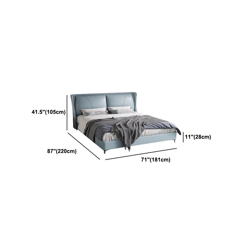 Modern Genuine Leather Panel Bed Pine Wood Bed with Upholstered Headboard