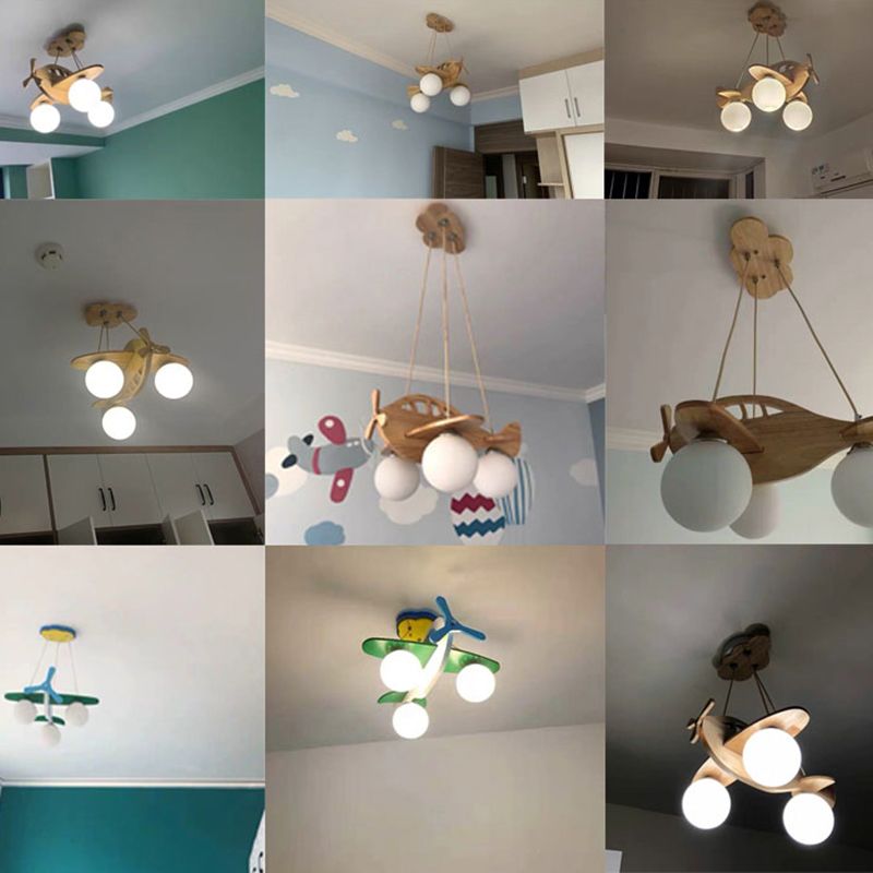 Cartoon 3-Light Chandelier Beige Helicopter Pendant Lighting with Ball White Glass Shade
