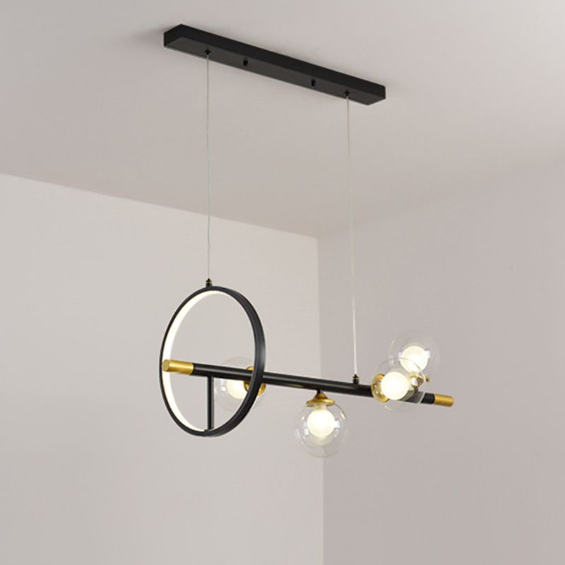 Simple Molecular Island Chandelier Clear Glass 4/6-Light Dining Room Pendant Light Fixture in Black with Metal Ring Deco
