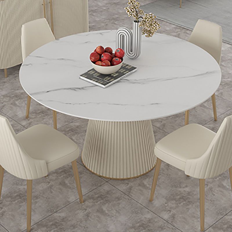 Sintered Stone Top Round Dining Table Modern White Metal Pedestal Table