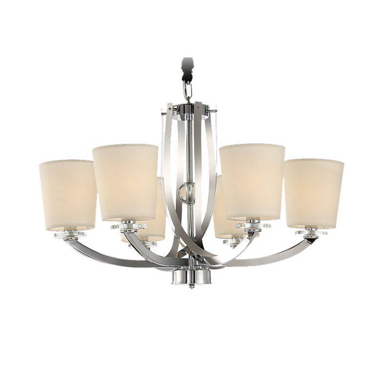 Silver Cylinder Chandelier Simple 6 Lights Iron Pendant Lighting Fixture with Fabric Shade