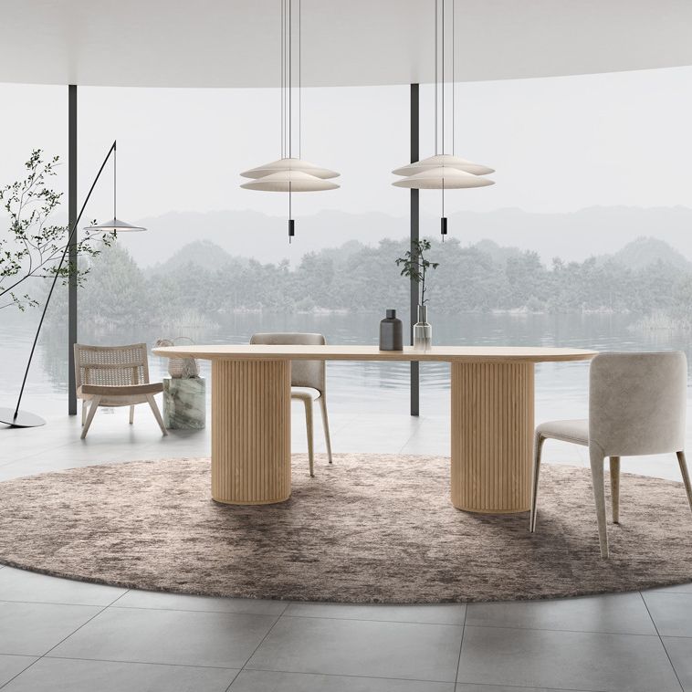 Modern Ash Wood Table for Restaurant Oval Table with Double Pedestal