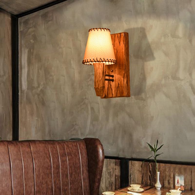 1/2-Light Tapered Wall Lamp Industrial Wood Fabric Sconce Light Fixture for Dining Room