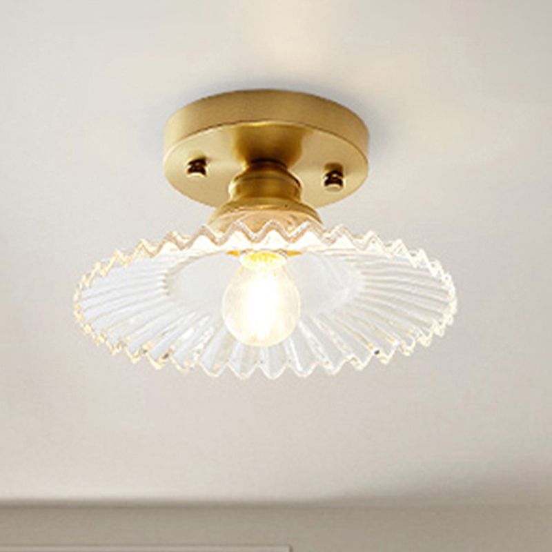 1 Light Flared Semi Flush Light Industrial Clear/Green Ribbed Glass Ceiling Mount for Living Room