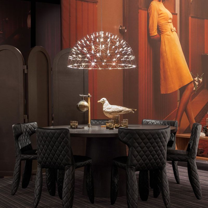 Dome Hanging Light Modern Metal 25.5"/31" W LED Chrome Chandelier Lamp with Crisscrossing Triangular Pattern, Warm/White Light