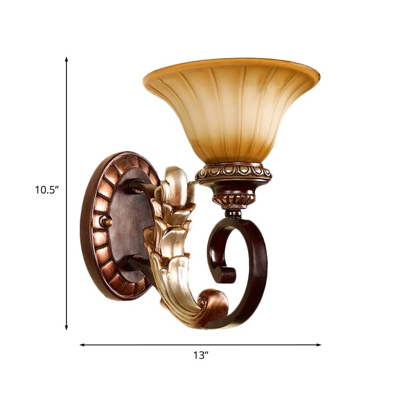 Flared Amber Glass Wall Sconce Traditional 1 Light Living Room Wall Light in Bronze with Curving Arm