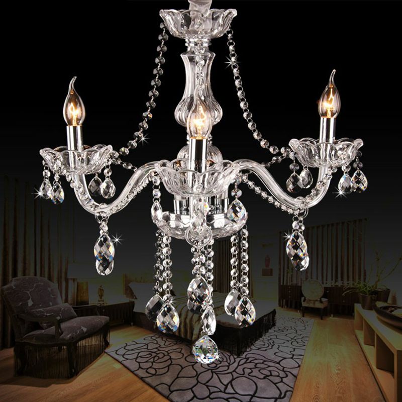 Victorian Style Candle Chandelier 3-Head Clear Glass Hanging Light with Crystal Strand