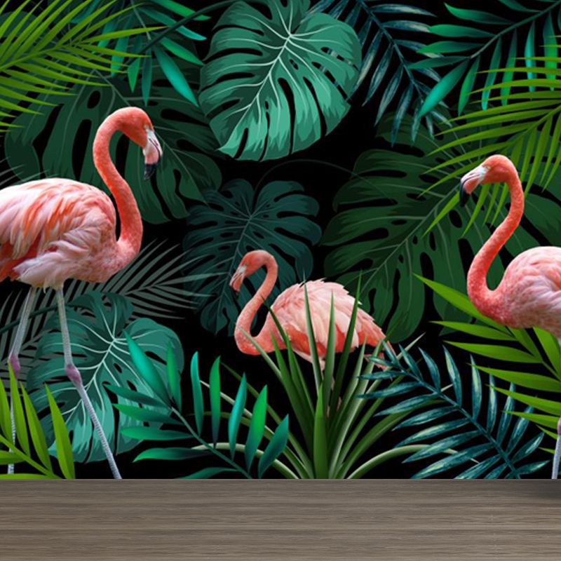 Green Botanics Wallpaper Mural Flamingo Tropical Waterproof Wall Decor for Bedroom