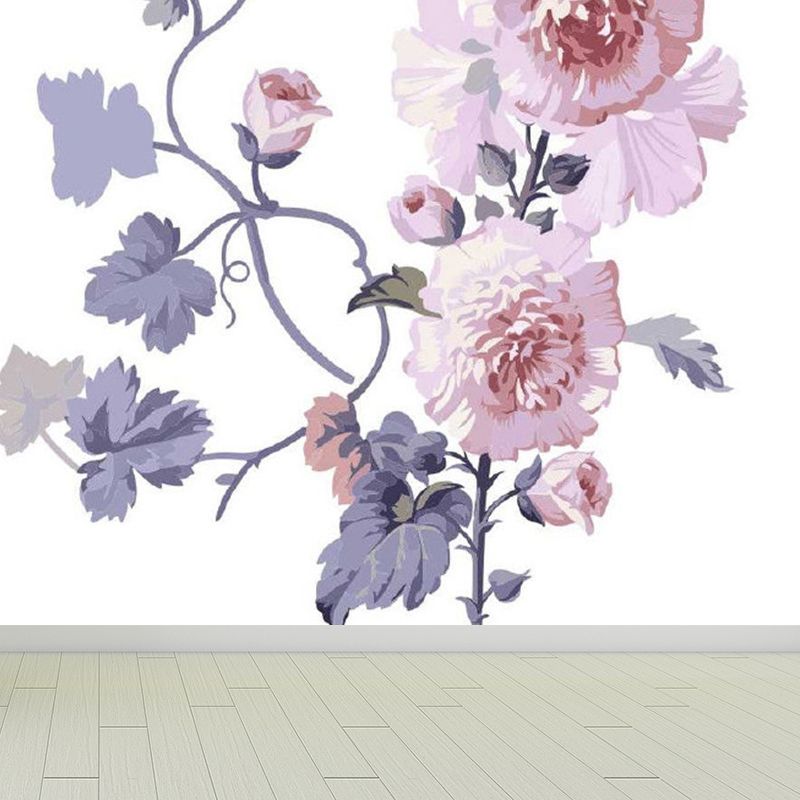 Modern Flowers Wall Mural Non-Woven Stain Resistant Pink Wall Art for Living Room