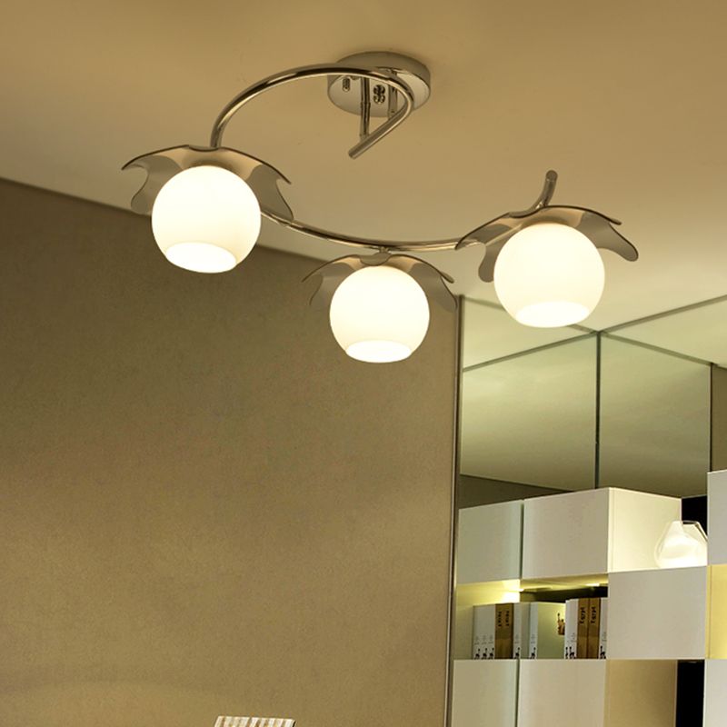 Chrome Ball Semi Flush Light Fixture Modernist 3 Lights Frosted White Glass Flush Lamp with Spiral Arm
