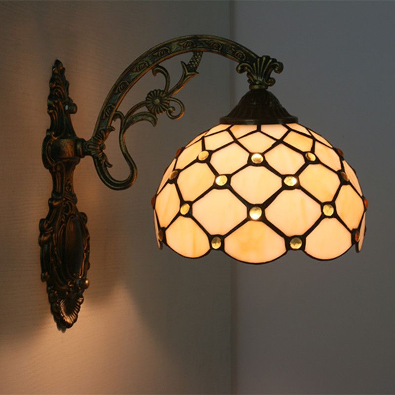Bead Net Wall Light Fixture Single Bulb Blue/Gold Hand-Crafted Glass Baroque Wall Mount Lamp