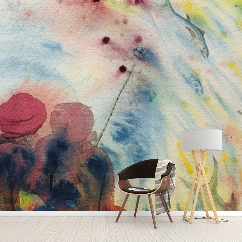Two Fishermen Fishing Wall Mural Surrealistic Stain Resistant Bedroom Wall Covering, Custom Printed