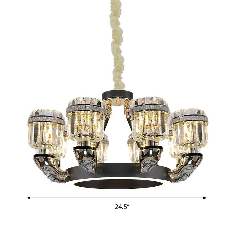 Beveled Crystal Cylinder Chandelier Lighting Traditional 6/8 Lights Black LED Hanging Pendant for Bedroom