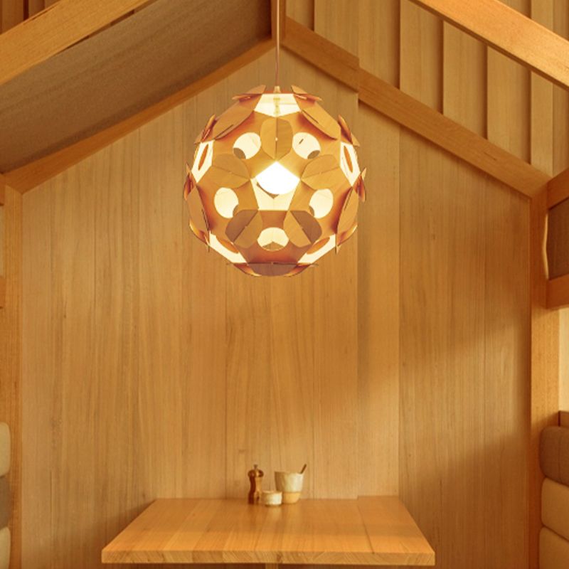 1 Bulb Restaurant Ceiling Lamp Modernism Beige Hanging Light Fixture with Ball Wood Shade