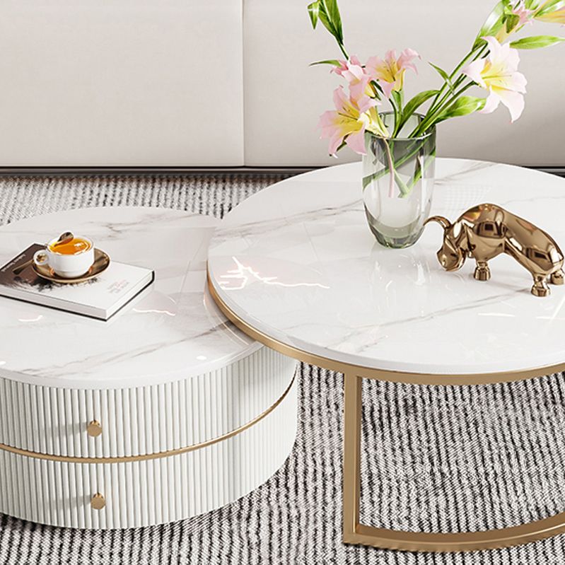 Round Coffee Table Slate Frame Nesting Coffee Table Set with Drawer