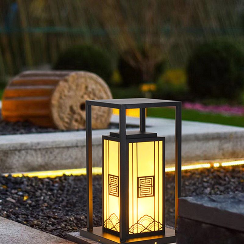 Contemporary Metal Pillar Lamp Rectangle Shape Outdoor Waterproof Light with Stone Shade