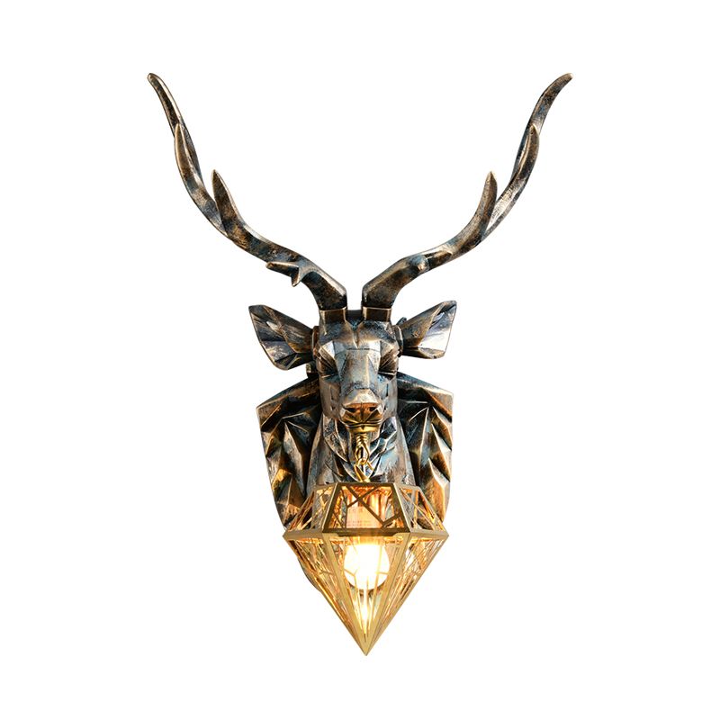 Wandleuchte im Vintage-Stil, Diamant-Messing-Metall-Wandleuchte, 1-flammig, mit Harz-Hirsch-Dekoration, 16"/18,5" breit