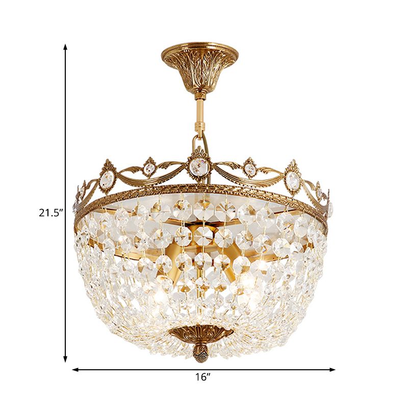 Traditional Bowl Hanging Chandelier Crystal 4 Bulbs Suspension Light in Brass for Hallway