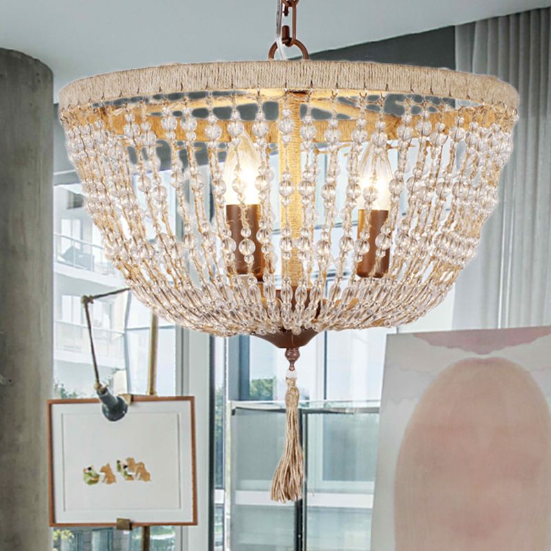 Lodge Style Bowl Chandelier Lamp Clear Crystal Bead 3 Lights Hanging Pendant Light with Rope Detail in Brown