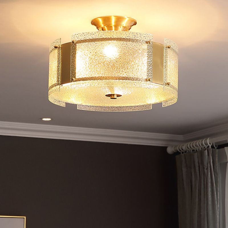 Brass Drum Semi Flush Mount Lamp Traditionary Textured Glass 4 Heads Ceiling Mounted Light for Living Room