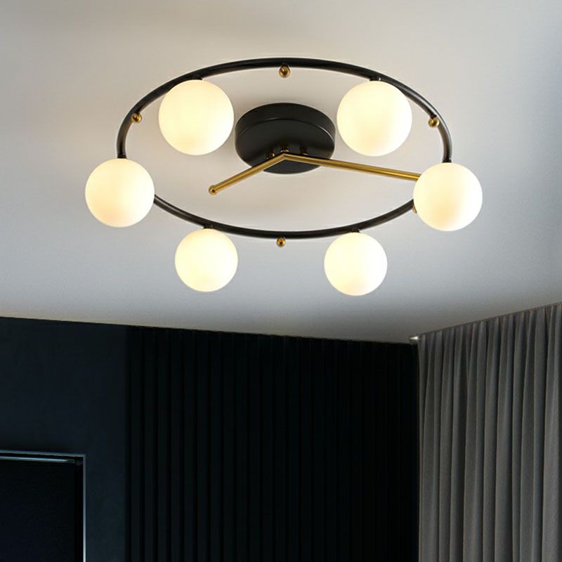 Schwarz-Messing-Uhr-Deckenlampe postmoderne kreative 6-Kopf-Kugelglas Halbflush-Leuchte