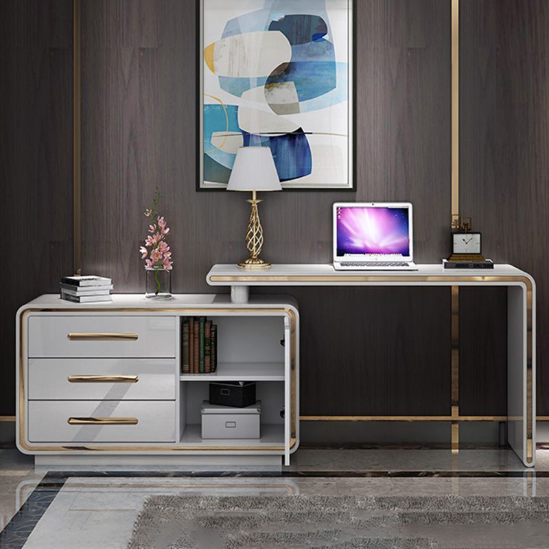 Glam Wood Computer Desk White Pedestal Writing Desk for Home