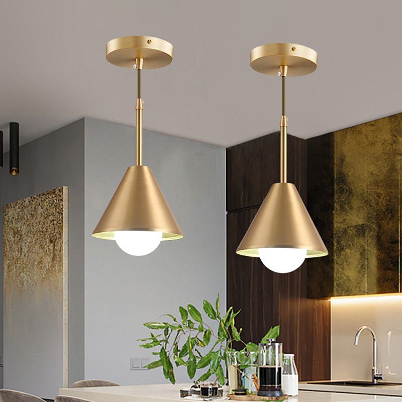 Mid Century Cone Metal Pendant Light Single-Bulb Ceiling Suspension Lamp in Brass over Dining Table