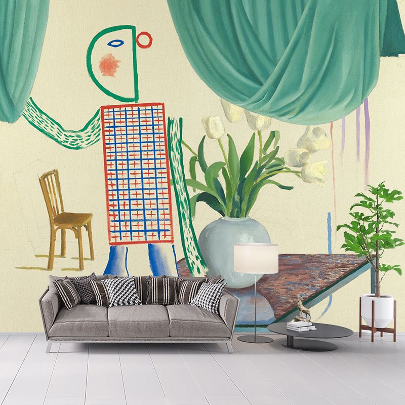 Yellow-Green Art Deco Mural Wallpaper Full Size Bot Man Wall Covering for Bedroom